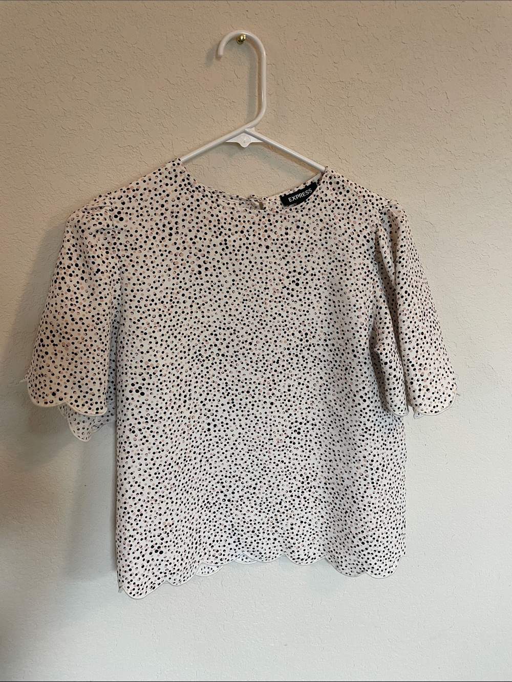 Express Cream Blouse with Black Dot Print and Scalloped Hem